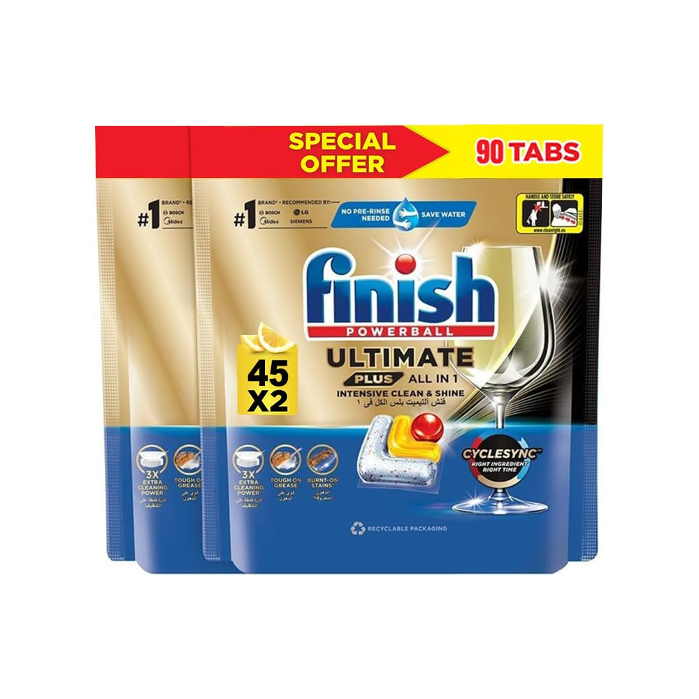 Finish Powerball Ultimate Plus Dishwasher Detergent - Lemon Fragrance Scent| 45 Tablets x 2