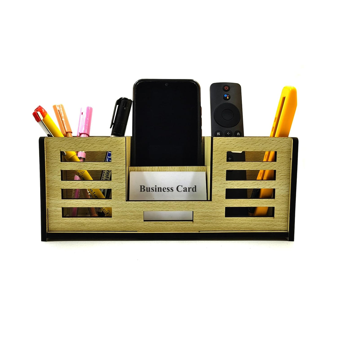 Desk Organizer Pen stand With Visiting Card And Mobile Holder|Multipurpose Wooden Pen And Pencil Holder Stand For Office&Study Table, Desk Supplies Organisers 4 in 1 (Intal beech)