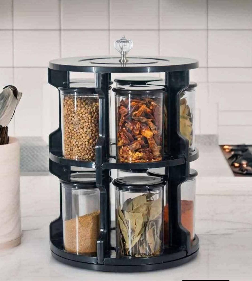 Rotating Spice Rack Set, Acrylic, 360° Organiser with 10 Clear Jars and Spoons, Modern Countertop Seasoning Storage Stand