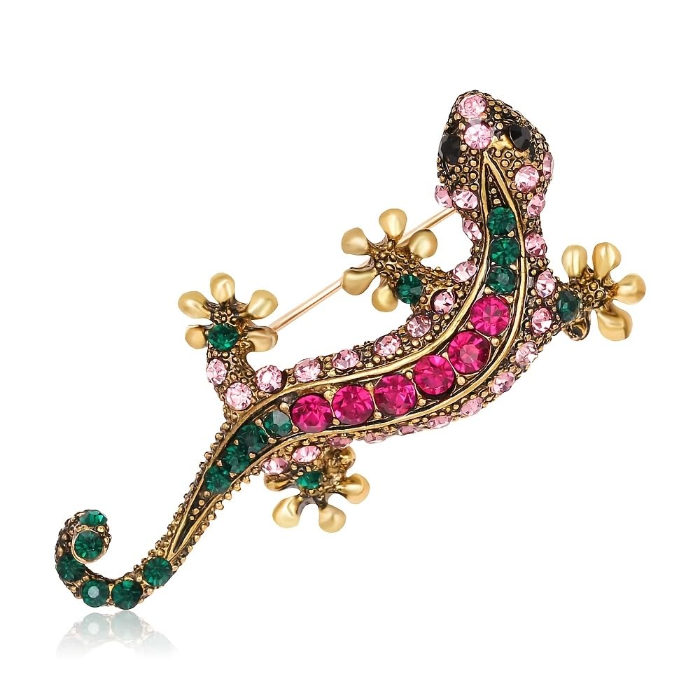 Mysouqeg | Retro Lizard Gecko Brooch, Multicolour Crystal Rhinestone, Vintage Antique Gold Animal Pin, 4.8cm x 4cm, Clothing Accessory