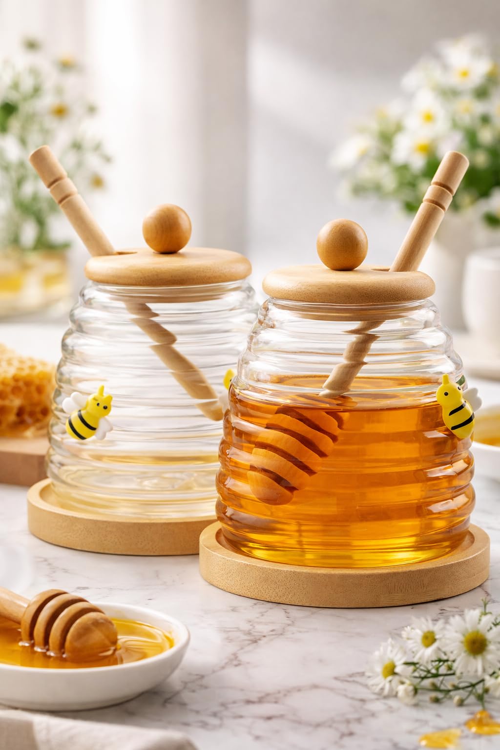 High End Imported Glass Honey Jar with Wooden Dipper, Airtight Bamboo Lid & Wooden Organizer Stand – Honey Pot Container Holder Syrup Dispenser for Home Kitchen