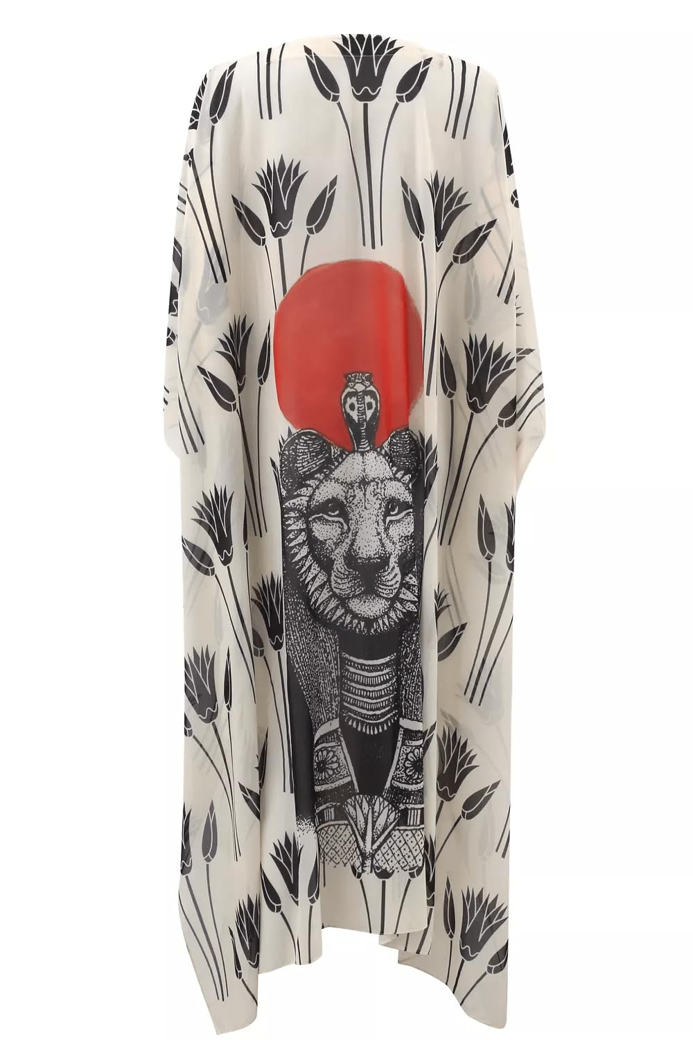 Vola Serani Women's Kimono, Egyptian Print Floral Pattern, White with Black Lotus Design and Red Sun, Lion Graphic Art