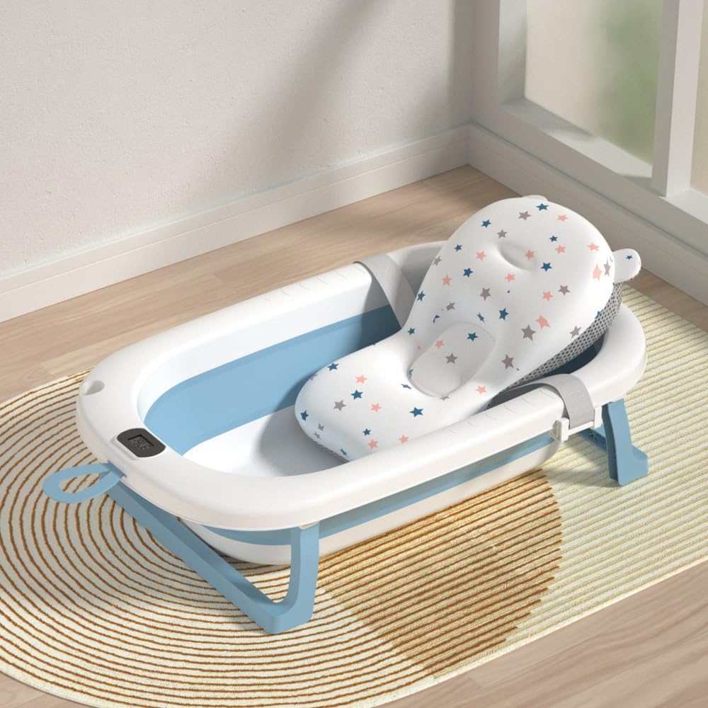 Fantastic-Kids-Toys Bathtub with Baby Temperature Detector, Foldable Non-Slip Bathtub with Hanger for Easy Storage -Newborn, 0-8 Years-885 (Blue)