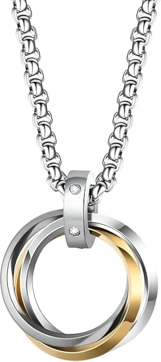 Showday Unisex 3-Interlocking Circles Pendant Necklace - Braided Stainless Steel Trinity Ring Charm - Hip Hop Chain for Men & Women - Ring Holder Keeper Necklace سلسلة رقبة