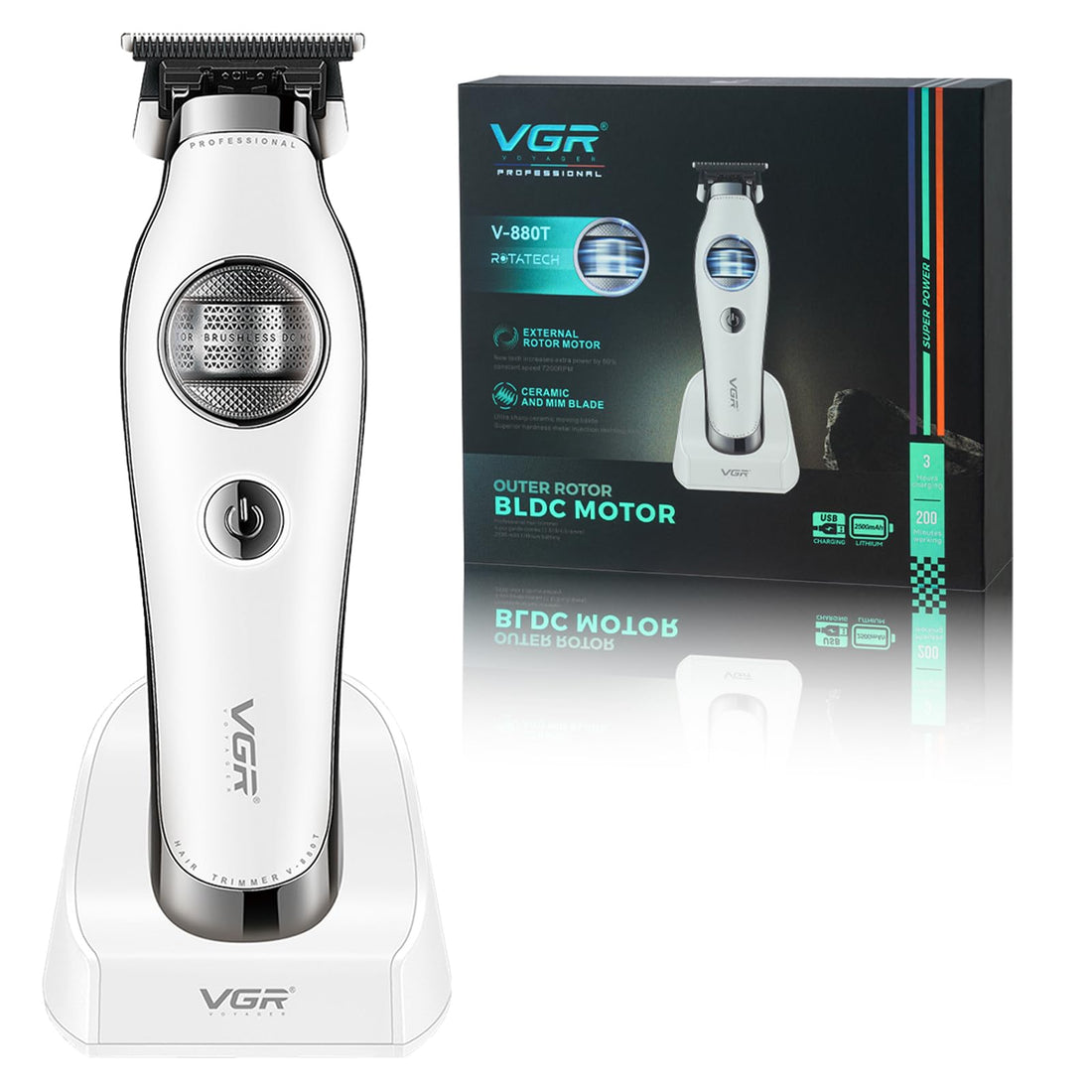 VGR 880T Professional Hair Trimmer for Men, 7200RPM Cordless Beard Trimmer External Rotor BLDC Motor Hair Clippers, Zero Gapped Ceramic and MIM T Blade Barber clippers with Charging Base, White