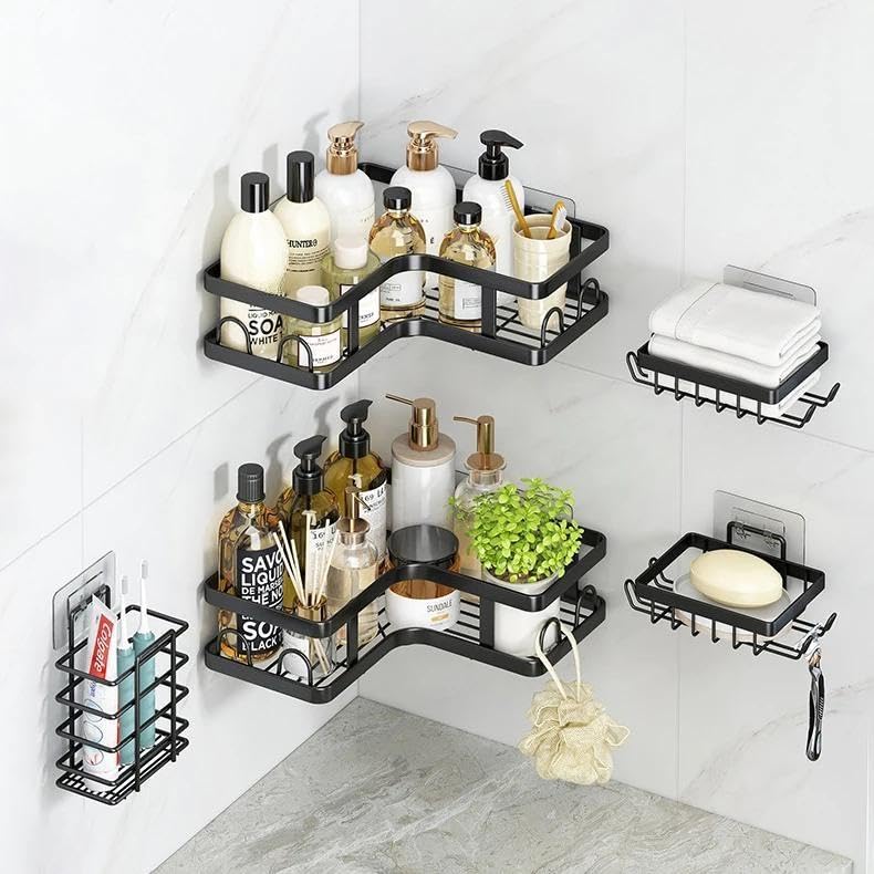 Bathroom Accessory Holder - Minimalist Black Stainless Steel with Sticky Pad Mounting System, Pack of Five for Towels and Essentials