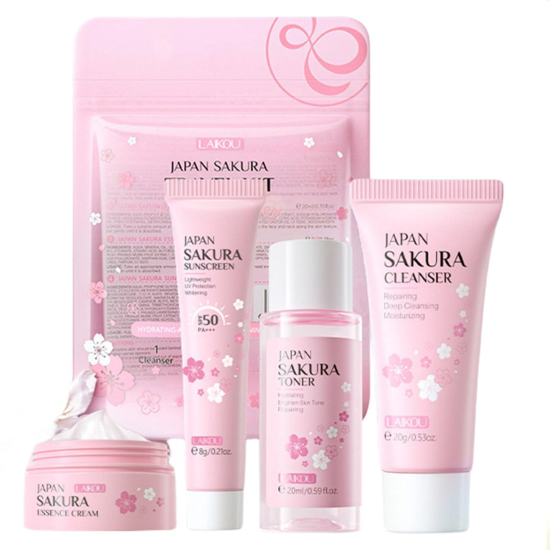 New Irven Sakura Travel Skincare Set for Teenage Girls - Face Routine Set for Women,4 Piece Gentle Skin Cleaning & Care Travel Size Kit With Cleanser, Toner, sunscreen and Face Cream