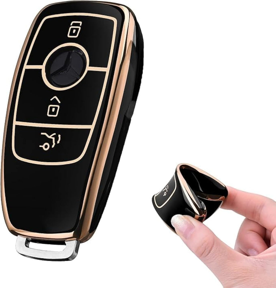 YOSHOP Key Fob Cover Case for Mercedes Benz E Class 2017 S 2018 Keyless Entry Remote Key Fob Case (Black - Gold Edge) TPU