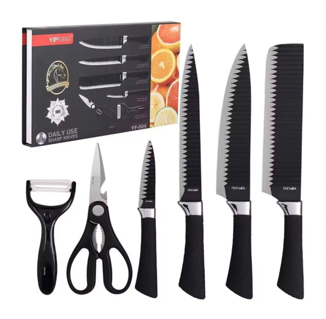 Qshop 6 Pieces Kitchen Knives Set With Non-Stick Lightweight Wavy Blades and Ergonomic Handles - Includes Chef, Slice, Fine Slicer, Paring, Vegetable Peeler, Scissors