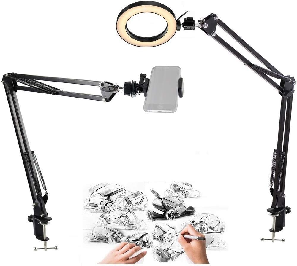 Phone Ring Light, 8'' Ring Light with 2 Suspension Arm Stand Compatible with iPhone 15 14 13 12 11 XR X XS Cell Phone for Baking,Craft,Calligraphy,Drawing,Online Lesson,Video Recording