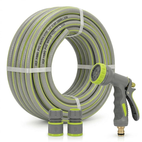 High Quality PVC Irrigation Hose, 20 Meters, 10 Bar Pressure, Multi Pattern Spray Gun and Quick Connectors, Grey and Green