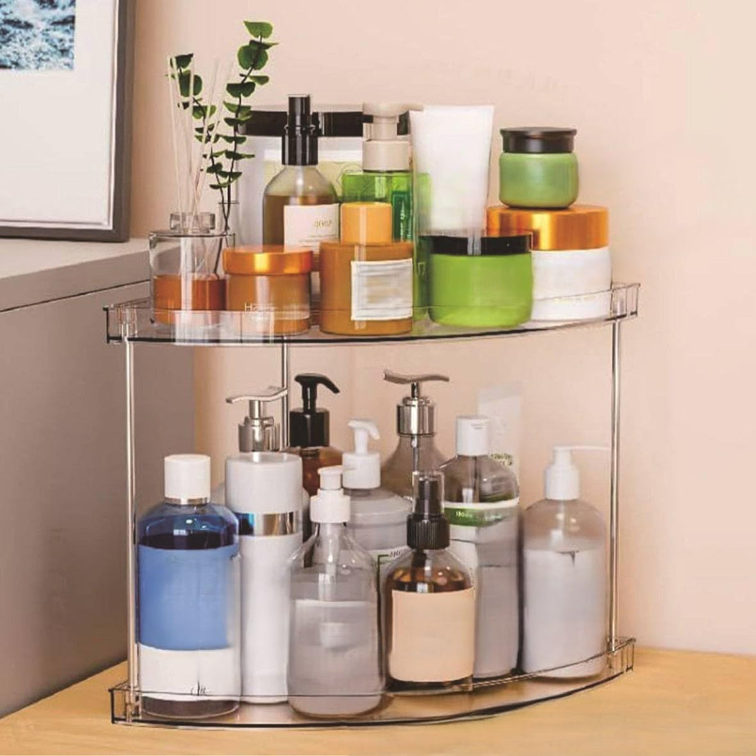 Generic 2-Tier Acrylic Corner Organiser with Stainless Steel Legs, Unbreakable Bathroom Storage Unit for Accessories and Shampoos, .hg