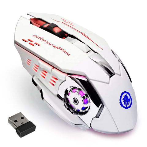 Wireless Gaming Mouse Bluetooth Mouse RGB Rechargeable 2.4G USB Cordless Computer Mice with 7 Color Backlit, 6 Buttons & Silent Click for Laptop, iPad, Mac OS, PC, Windows -White