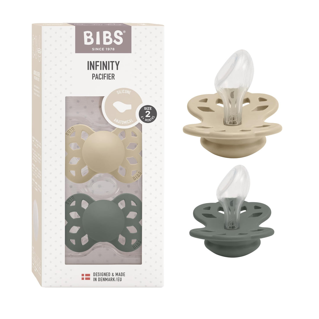 BIBS Pacifier Infinity 2 PACK Anatomical Silicone Size 2 Vanilla/Pine