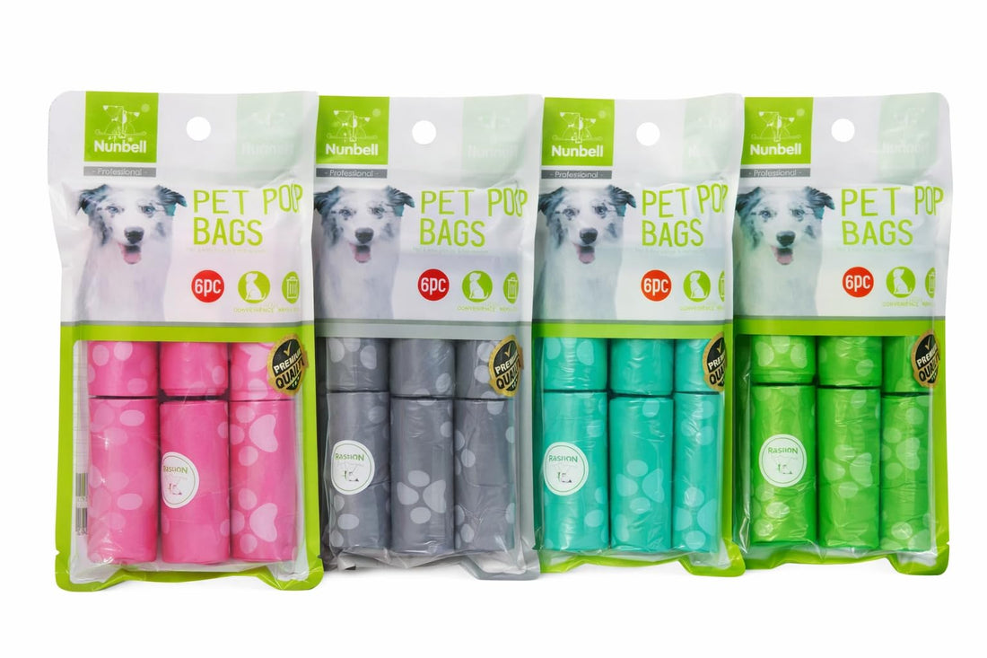 Nunbell Professional Pet Poop Bags, 6 Rolls, Unscented Plastic Waste Collection Bags, Star Seal Bottom, 30cm Circumference, Grey, Pink, Green, 1L Capacity (Grey)