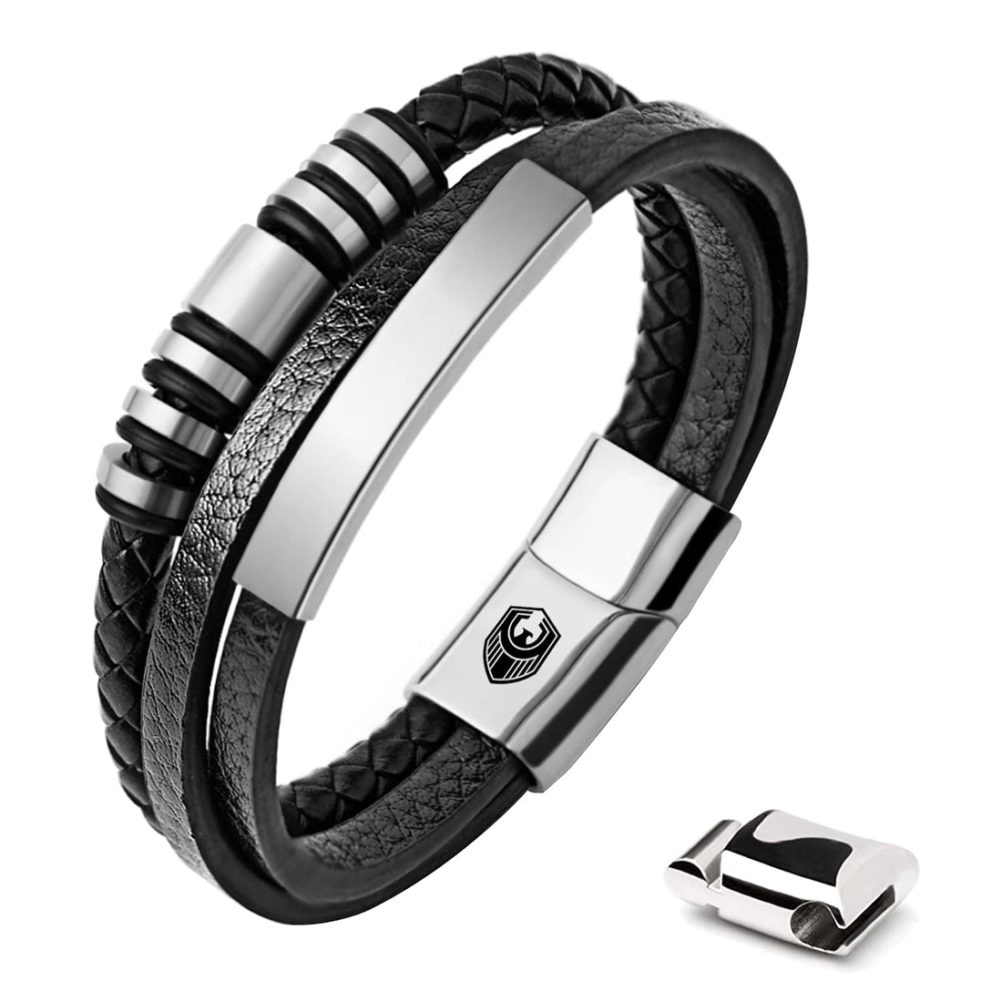Mens Leather Bracelet Silver, Handmade Braided Leather Bracelets for Men with Magnetic Stainless Steel Clasp and Exclusive Bracelet Jewellery Box for Mens Gifts Idea, 18.5CM, Silver, no gemstone