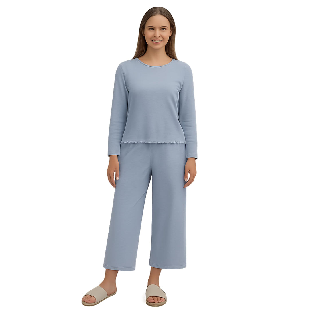 Women's Soft Knit Lounge Pajama Set, Long Sleeve Top & Wide-Leg Pants, Lightweight Sleepwear for Home, Relax, Travel