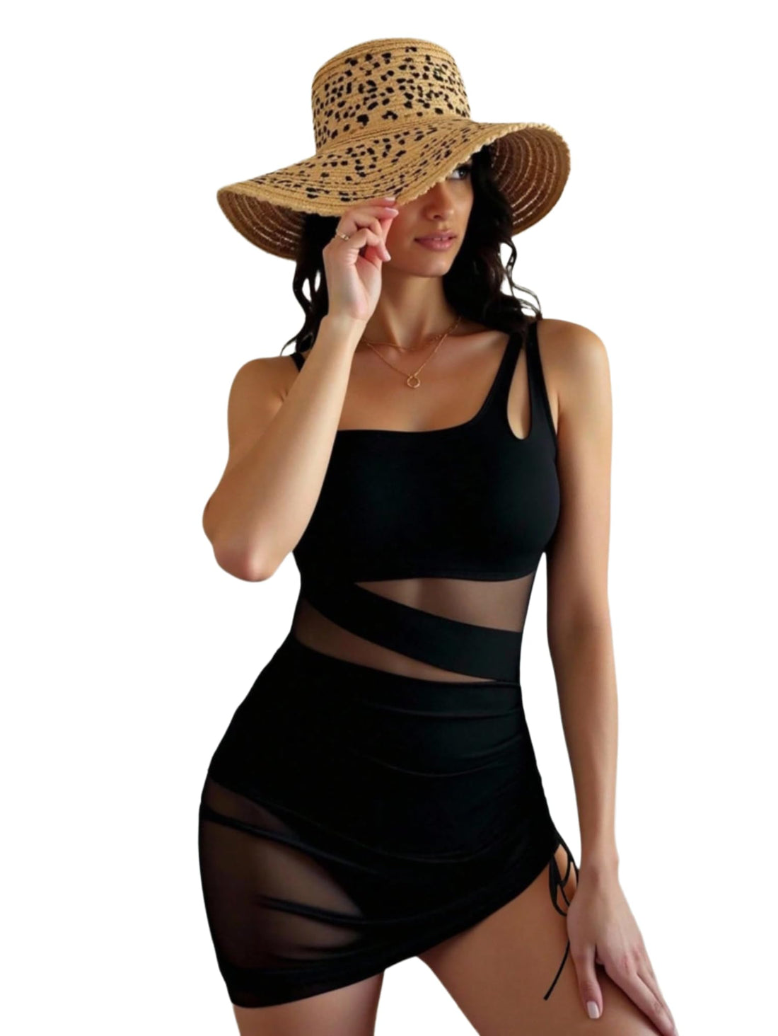 SHEIN Swimsuit Vcay Women’s One-Shoulder One-Piece Swimsuit - Black Sexy Mesh Splice Swimwear with Drawstring Detail - Asymmetrical Neck Bikini Style Bathing Suit with Skirt Effect