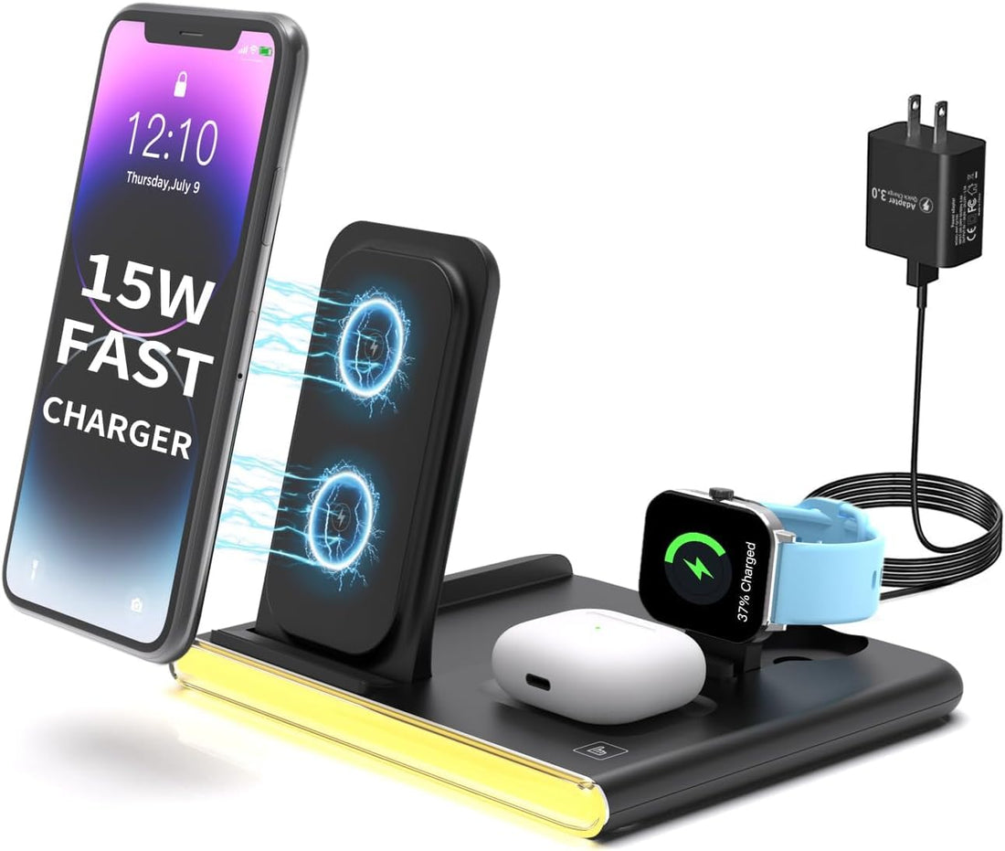 Wireless Charging Station Magnetic compatiable with Apple Devices Foldable Charger 4 in 1 Wireless Charger with USB and Night Light, 15W Fast Charging Stand for Apple Watch and Airpods (QV1012)