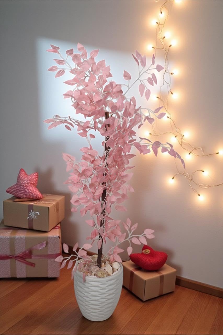 LION HOME Artificial Benjamina Decorative Plant 145 cm – Realistic Indoor & Outdoor Fake Tree with Wooden Trunk, Plastic Leaves & Decorative Pebbles in Plastic Pot – Multi-PINK