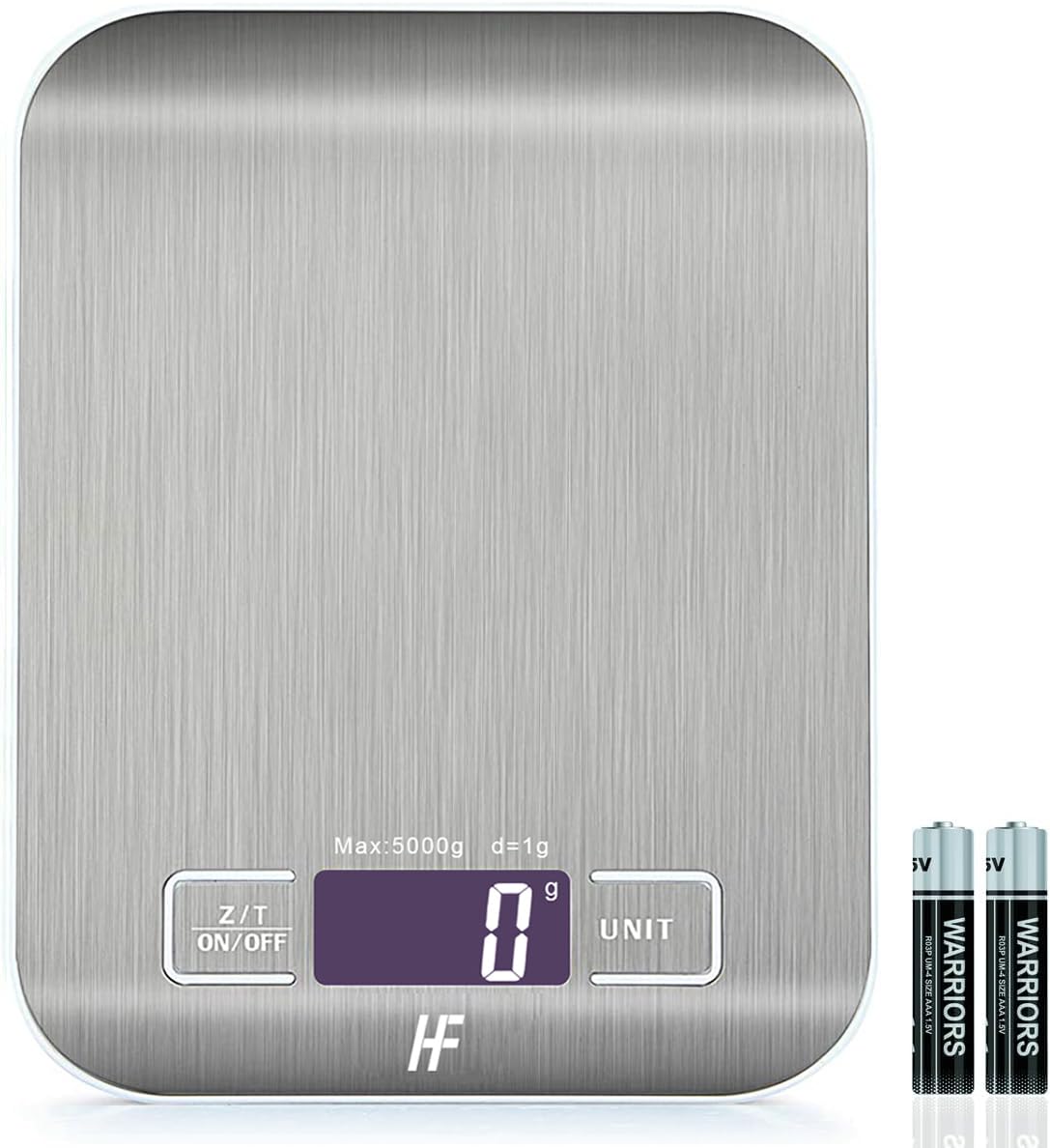 HomeFashion Digital Kitchen Scales Food Scale with Stainless Steel Platform Electronic Cooking with Backlit LCD Display Multifunction for Home Office Use 5kg 1g 11lb (Stainless Steel White)