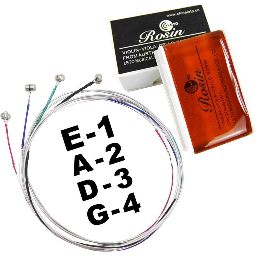 A Set of 3/4 4/4 1/2 1/4 1/8 Violin Strings With Good Sound Quality/Stability/Rustproofed/Durable and 2pcs Strong Adhesion/Less Powder Bow Rosin for Violin