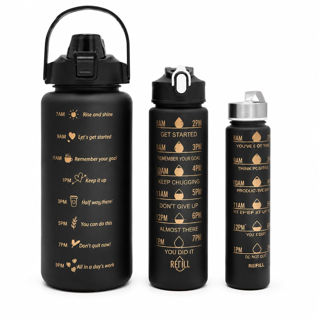 3 Pieces Reusable Plastic Water Bottles (2000ml, 900ml, 300ml) Leakproof Drinking Bottle with Motivational Time Marker for Gym Workout Men Women (Black)