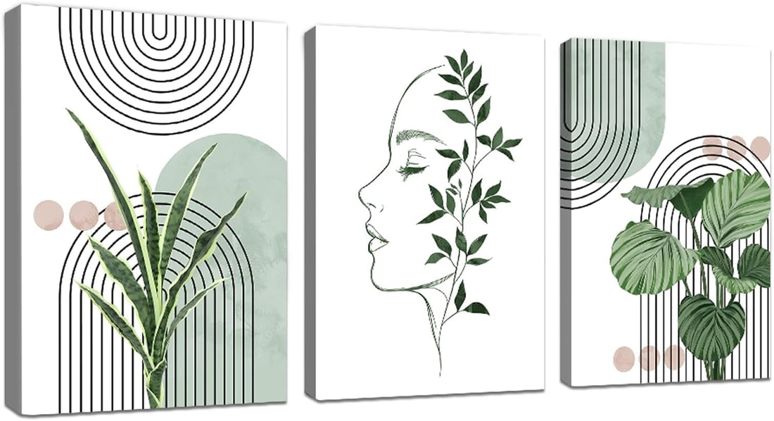 Set of 3 Boho Sage Green Plants Canvas Wall Art Prints Framed Pictures Aesthetic Geometric Line Painting on Canvas Living Room Bedroom Home Wall Decor Ready to Hang 30x40 cmx3