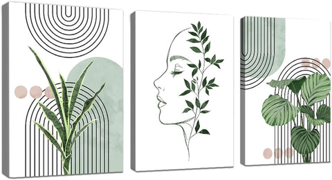 Set of 3 Boho Sage Green Plants Canvas Wall Art Prints Framed Pictures Aesthetic Geometric Line Painting on Canvas Living Room Bedroom Home Wall Decor Ready to Hang 30x40 cmx3