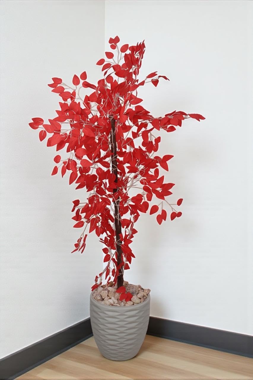 Realistic artificial tree - Leon Home artificial Benjamina plant, 145cm tall, for indoor and outdoor use, with a wooden trunk, plastic leaves, and decorative pebbles in a plastic pot - Red
