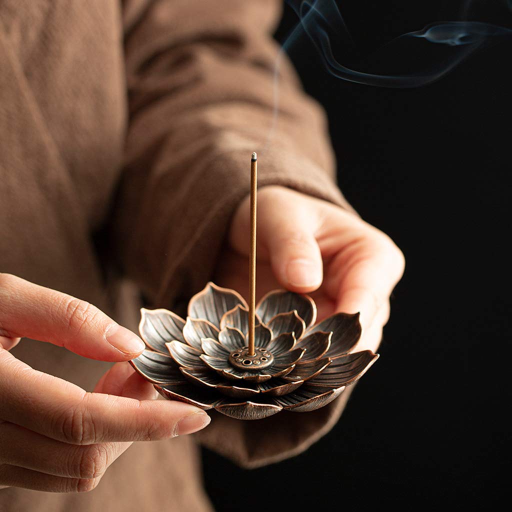Incense Stick Holder Zinc Alloy Lotus Ash Catcher, Vintage Lotus Incense Burner Plate Incense Holder for Incense Sticks Incense Cones (Red Copper)