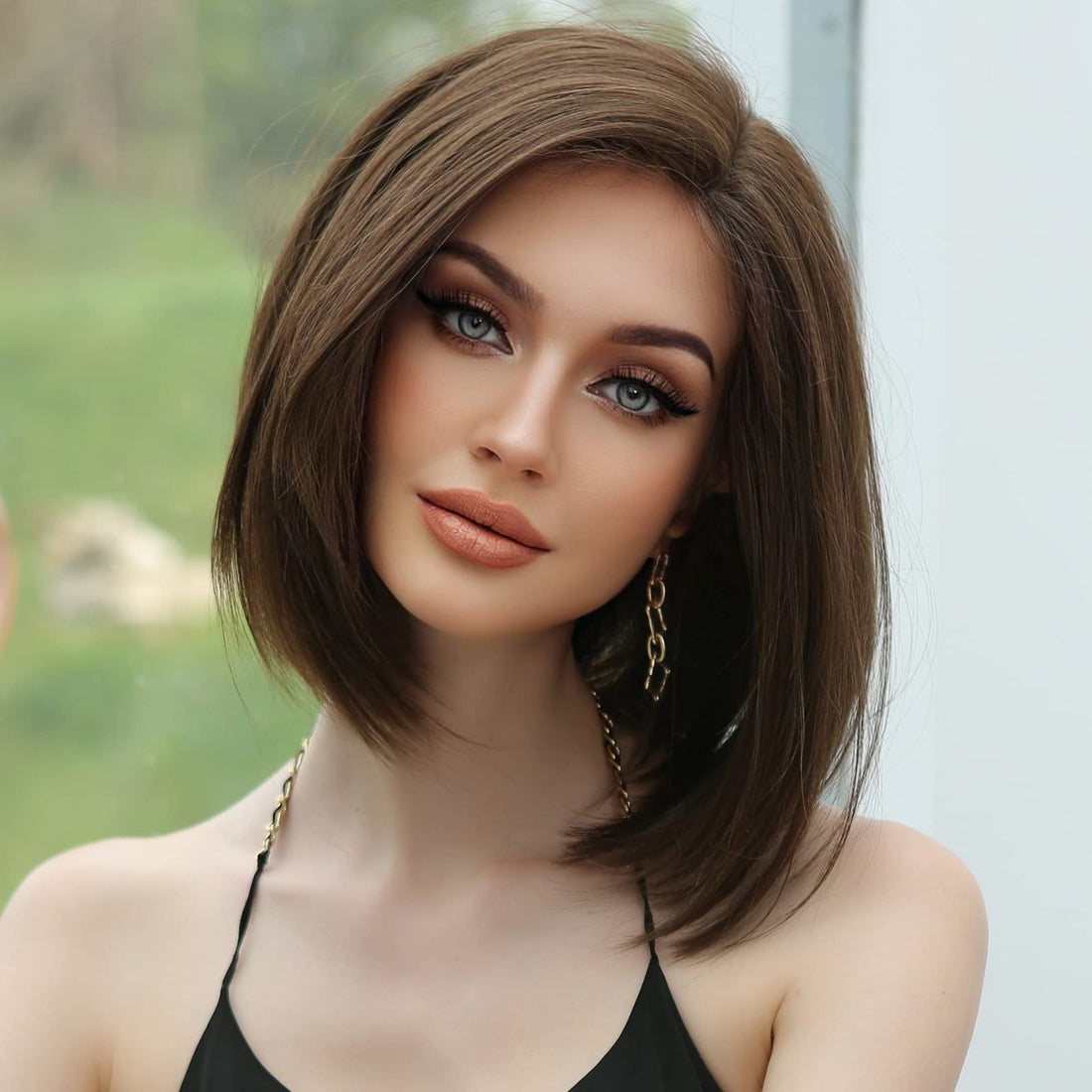 ECIF Brown Bob Wigs For Women Lace Front Wig Shoulder Length Straight Hair Side Parting