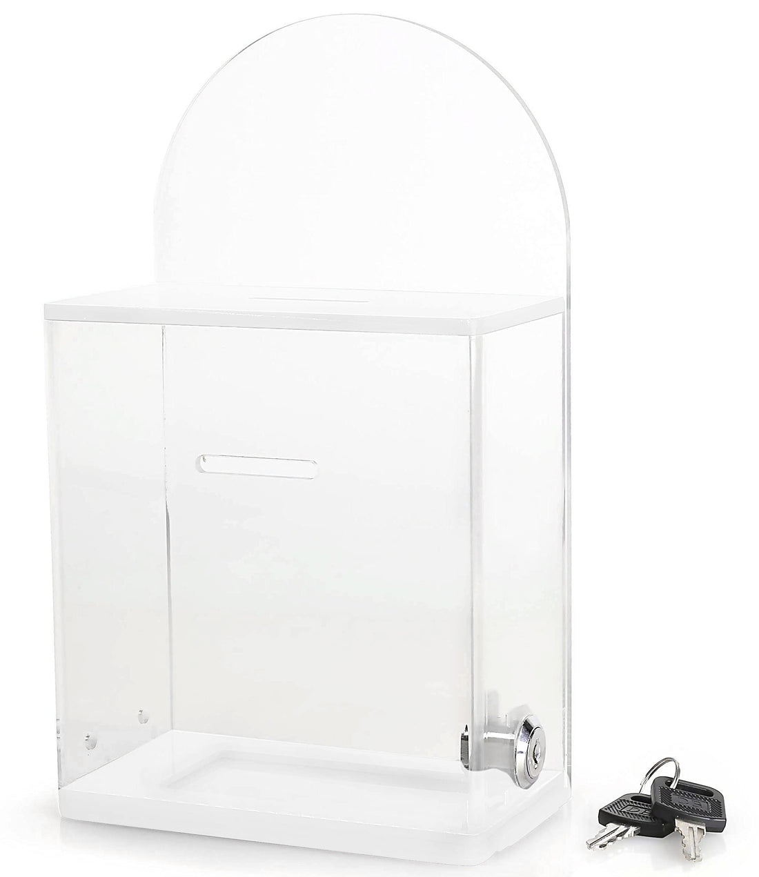 BEST MEDIA Acrylic Donation and Suggestion Box, Wall-Mountable or Countertop Collection Box with Lock and Keys, Round Back Display Area, Pre-Drilled Holes for Secure Installation, 25 x 15 cm, Clear