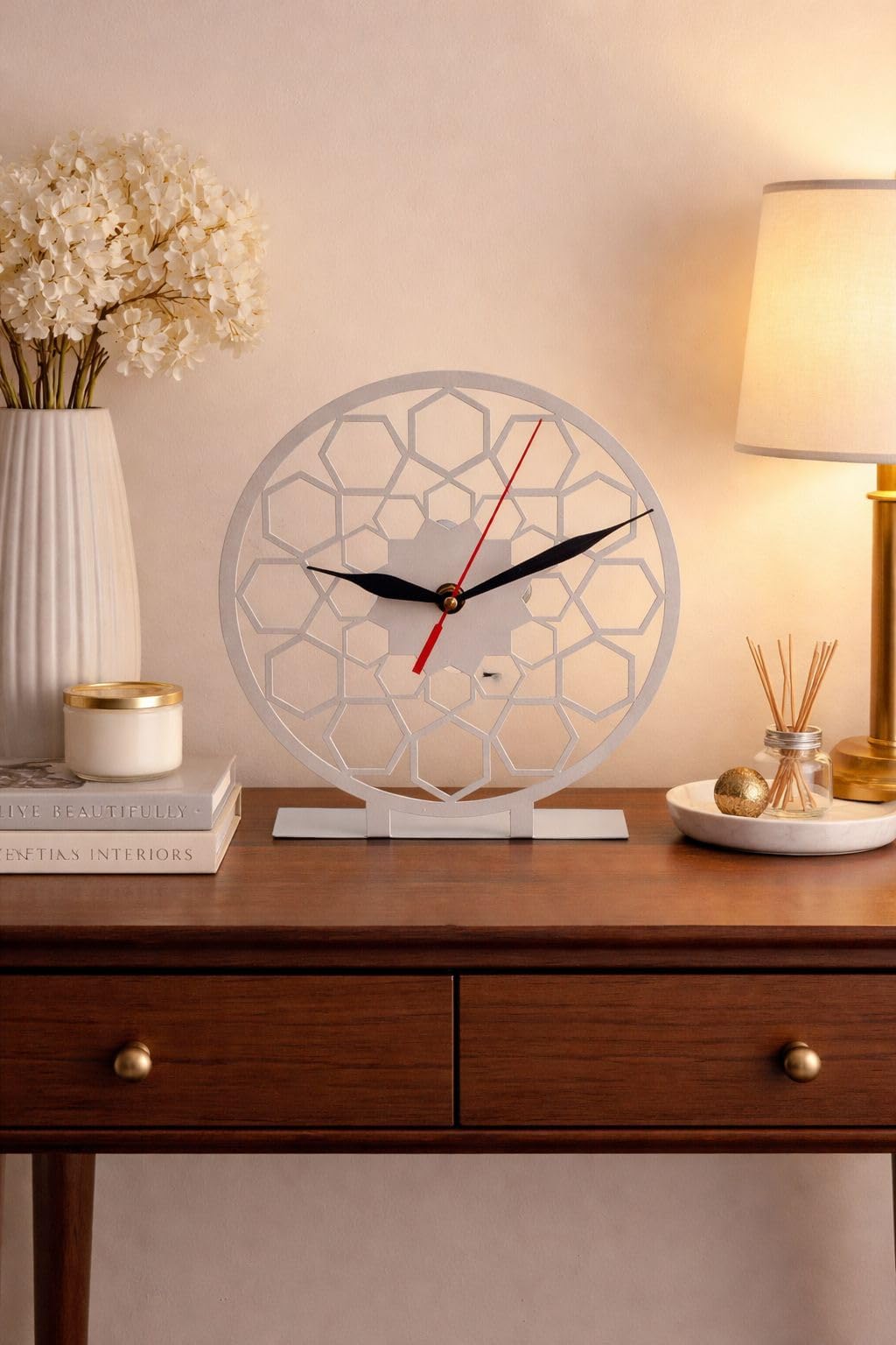 Modern desk clock with stand, white metal frame, hexagonal design, multi-color (color 1)