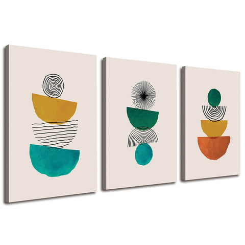 Multicolor and Gray Minimalist Boho Abstract Wall Art Geometry Modern 3 Pieces Stretched and Framed Artwork HD Pictures Canvas Prints Wall Art for Bedroom Office Home Bathroom Wall Decor 12"x16"x3