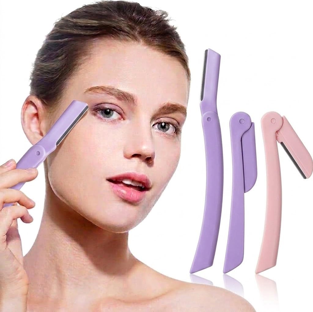 3pcs eyebrow trimmers with sliding cover, Ergonomic Eyebrow Shaper and Facial Razor, for Peach Fuzz, Exfoliating Face Razor, Gentle Skin Exfoliation Blade-RANDOM DESIGN