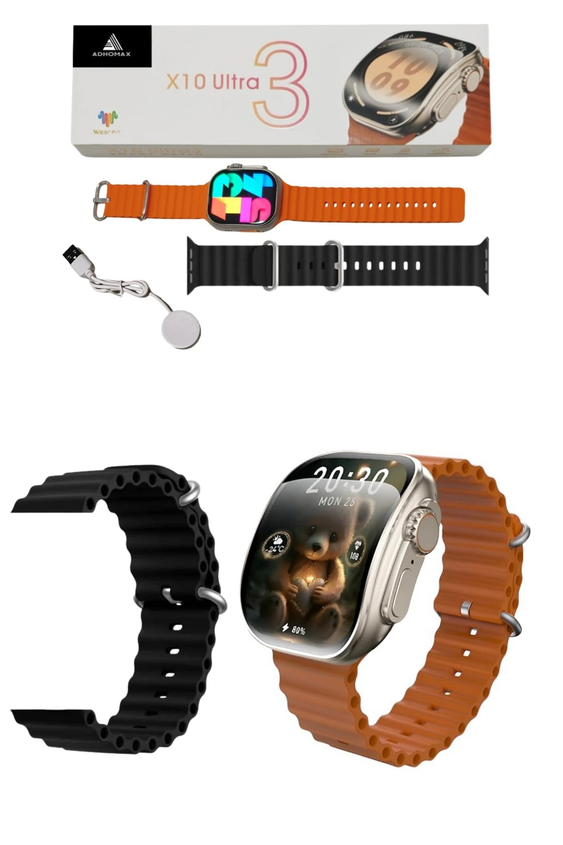 X10 Ultra3 Curved Screen Smart Watch NFC, Elegant Design 49MM, Fitness Tracker, Calls Wireless Charging, wearfitpro mobile app in IOS & android store, for men and women (orange+Black Strap)