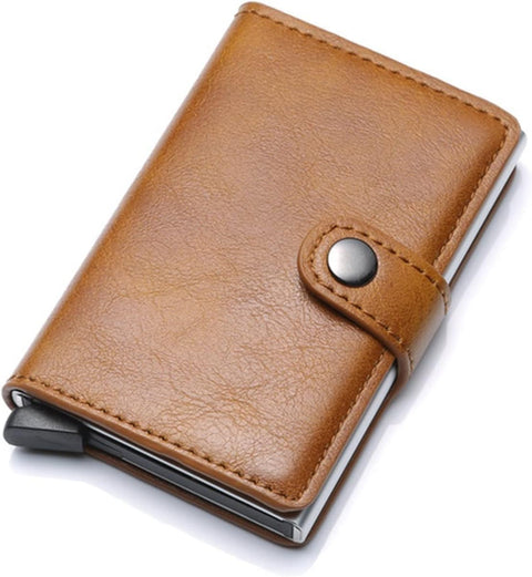 KM Technology Men's Leather RFID Blocking Pop Up Wallet, Large Capacity, Metal Card Case, Money Clip, Quick Card Pickup, Anti-Theft Function, Slim, Solid, Sports, Contemporary, Buckle Closure (Havan)