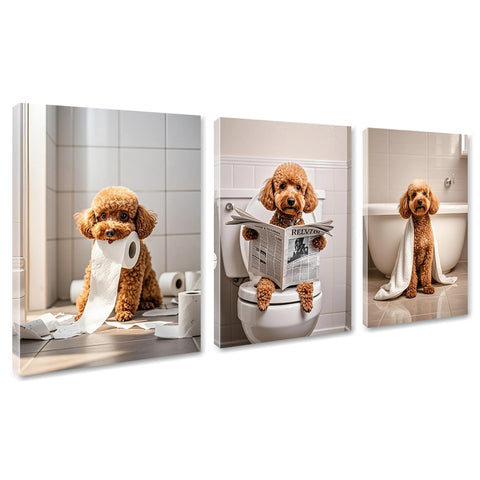 3Pcs Funny Bathroom Canvas Wall Art Golden Poodle Reading Newspaper Bathroom Pictures Wall Decor Dog Animal Bathroom Prints Posters Signs Artwork for Restroom Toilet Wall Decoration 12x16 Inch Framed