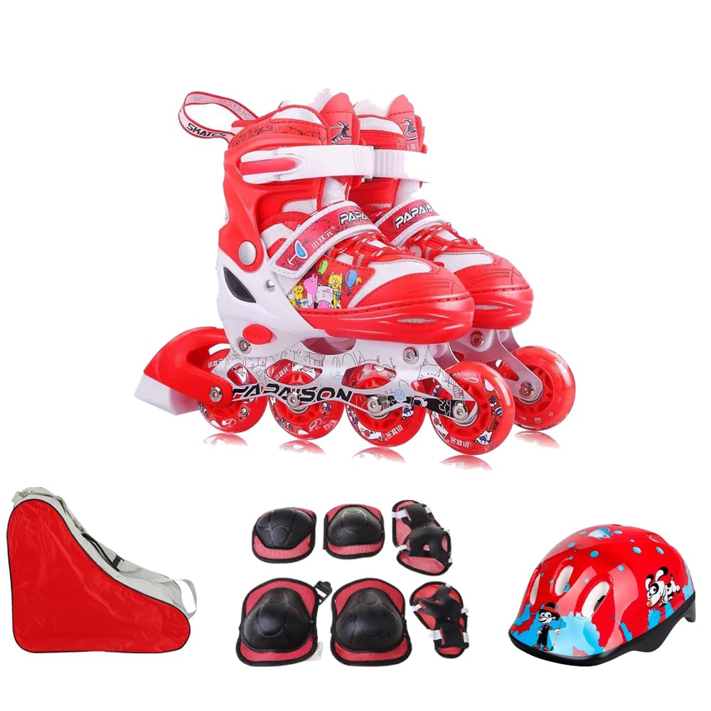 SportQ GoSportQ 10 Piece Adjustable Comfort Skateboard Set with LED Front Wheel and Adjustable Single Row Wheels to 4 Wheels, Skate Shoes for Beginners Kids Teens (Meduim 37-40 US, Red)