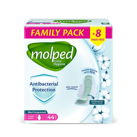 Molped Extra Hygiene Sanitary Pad, Long, Family Pack 44 Units, Cotton Material, Maxi Compressed , Unscented for Heavy Flow