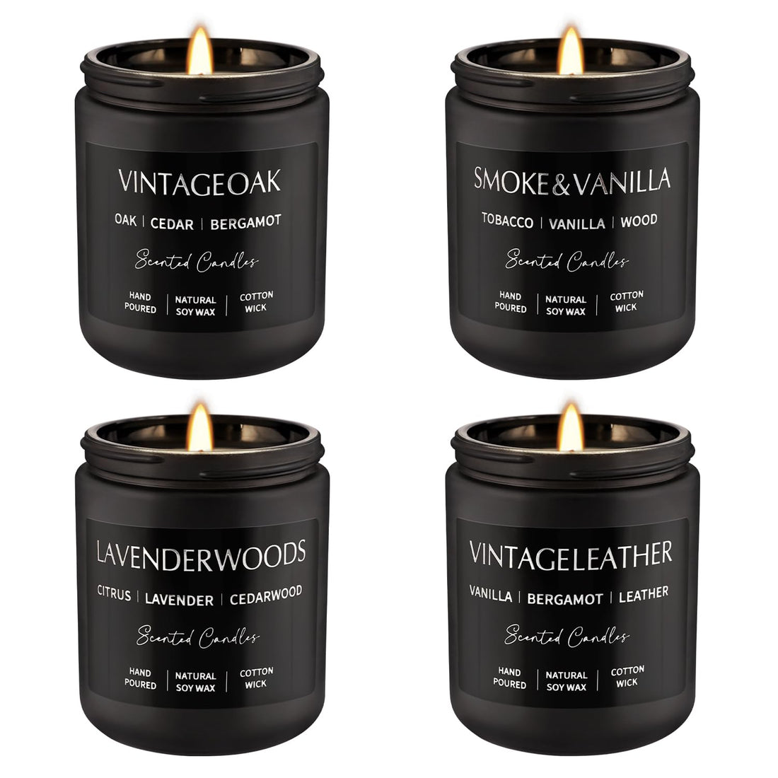 Scented Candles Gift Set - 4 Pack (7oz Each) Soy Wax Aromatherapy Candles with Essential Oils, Smokeless - Leather & Smoke, Vanilla Oakmoss, Lavender - Relaxing Fragrance for Home, Office, Yoga