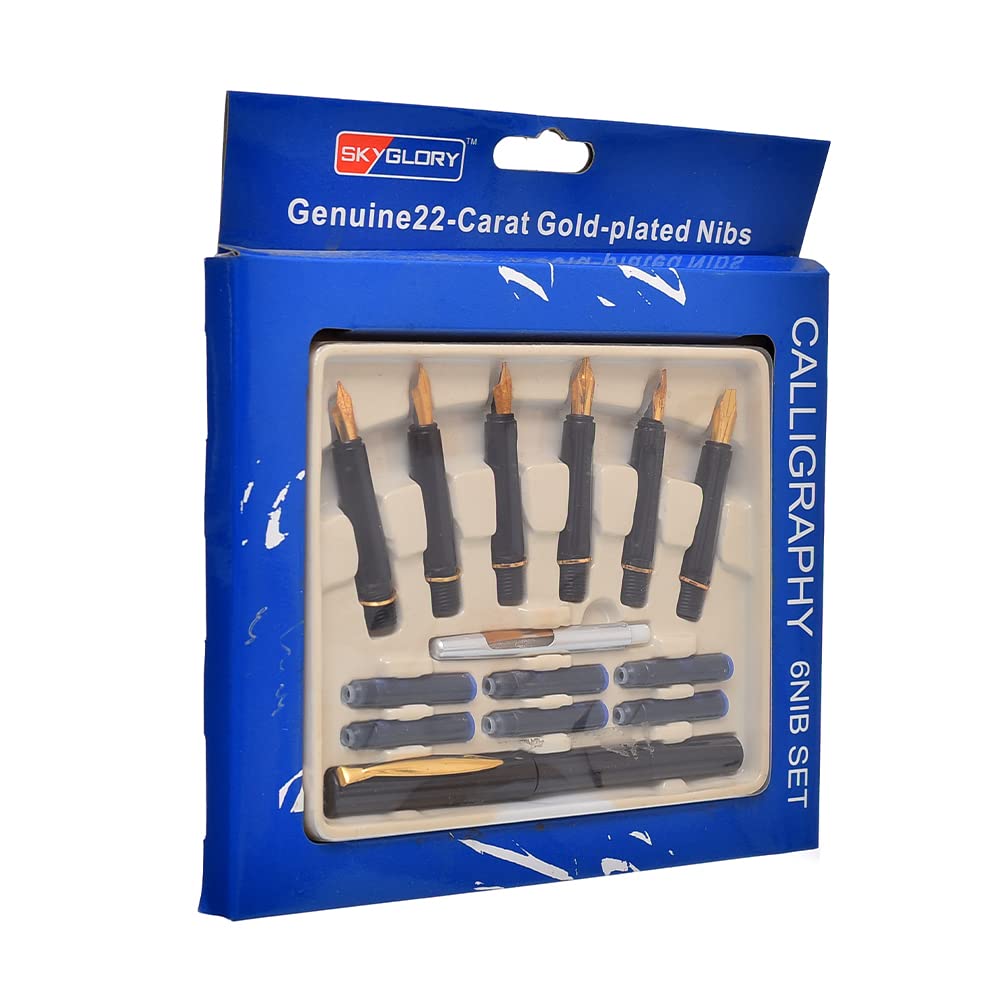 Genuine 22 Carat Gold Plated Nibs Pack:set Of 6 Refill Ink tube Blue Calligraphy Pen, 6 Nib Various for multipleuse And Pen Consistent Writing, Smooth Flow- Black, Gold