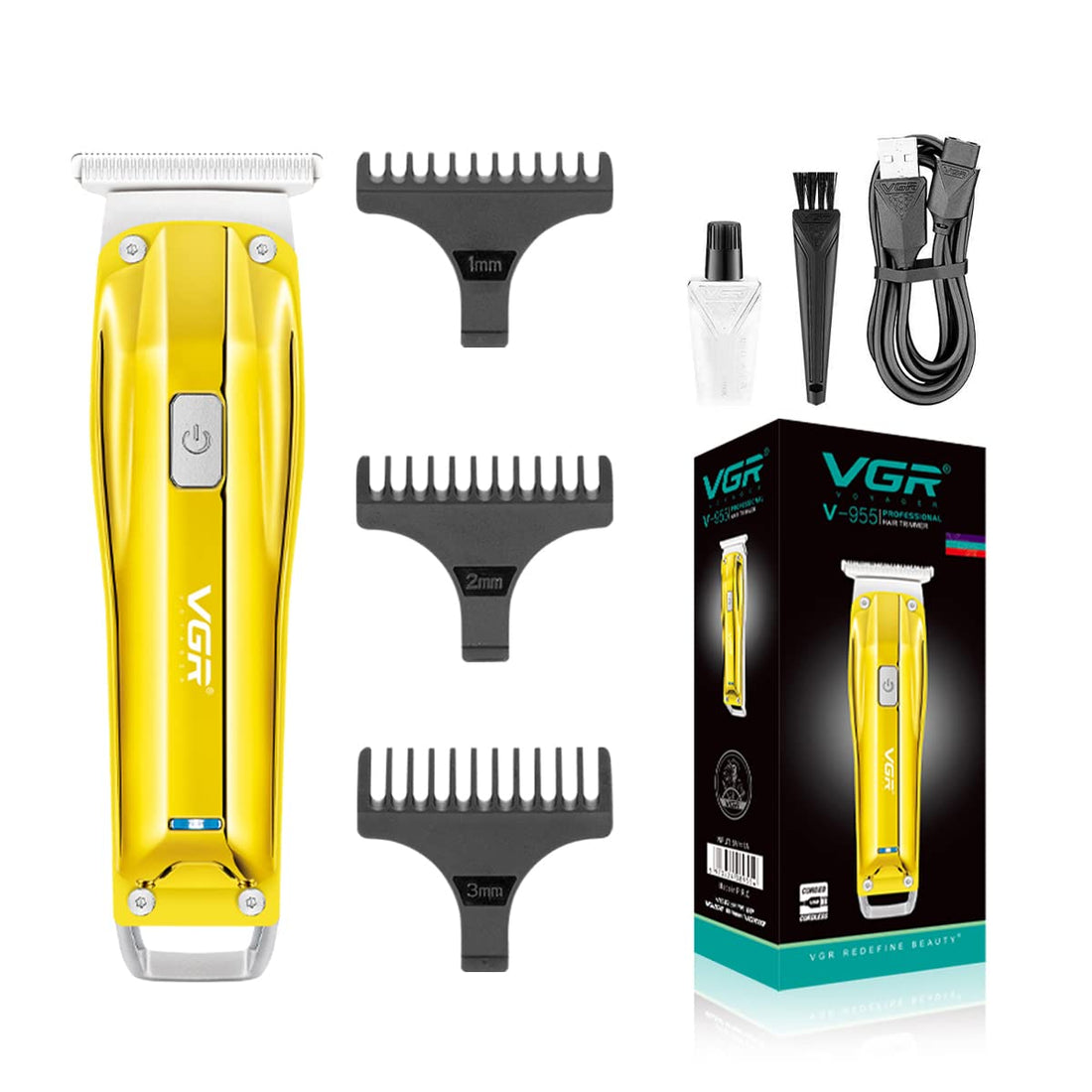 VGR V-955 Professional Rechargeable Hair Trimmer with Stainless steel Blades, USB Charging cable, 3 Guide Combs for Men, 500 mAh Li-ion Battery (Gold
