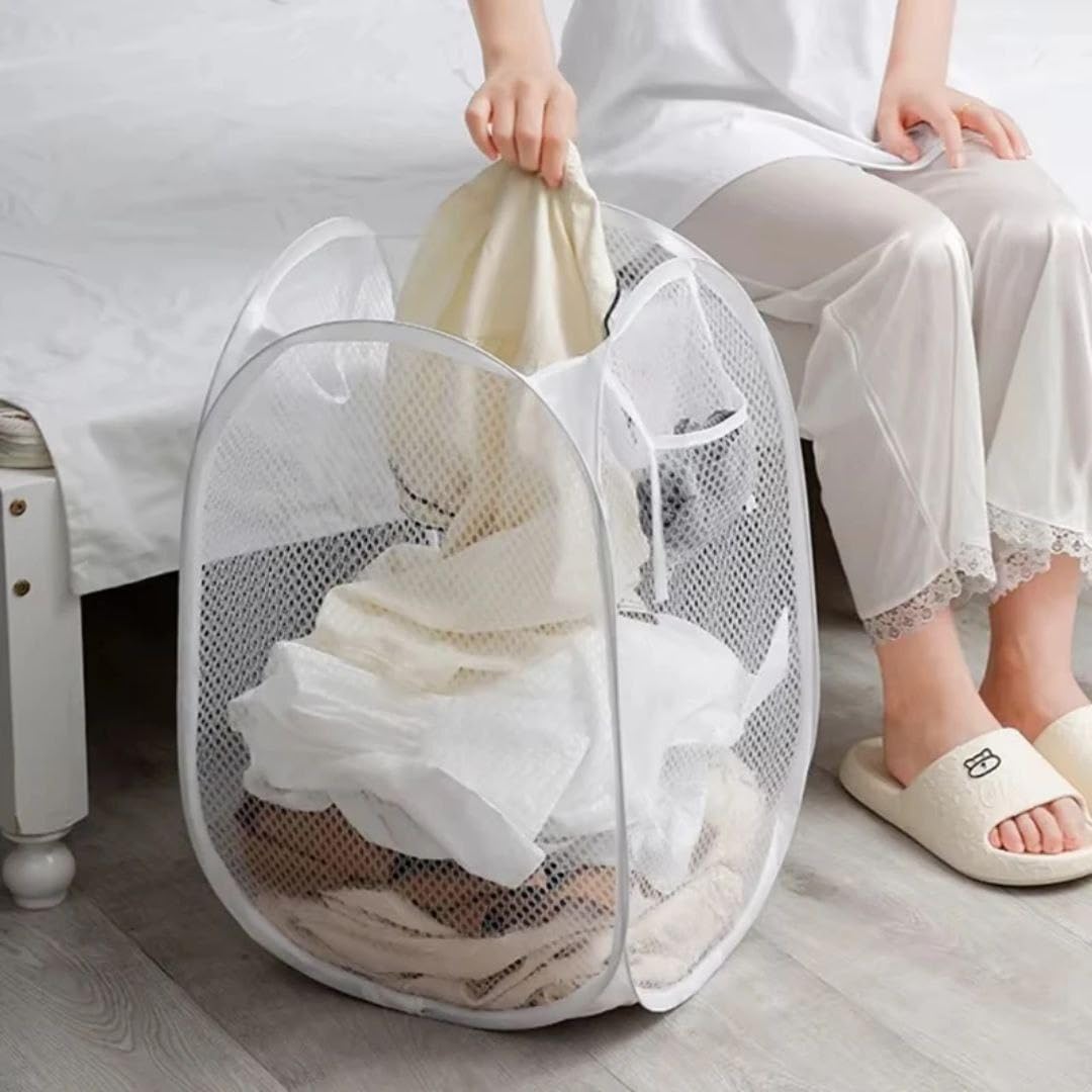 Generic Collapsible Mesh Laundry Basket with Metal Legs, Foldable, White .ho