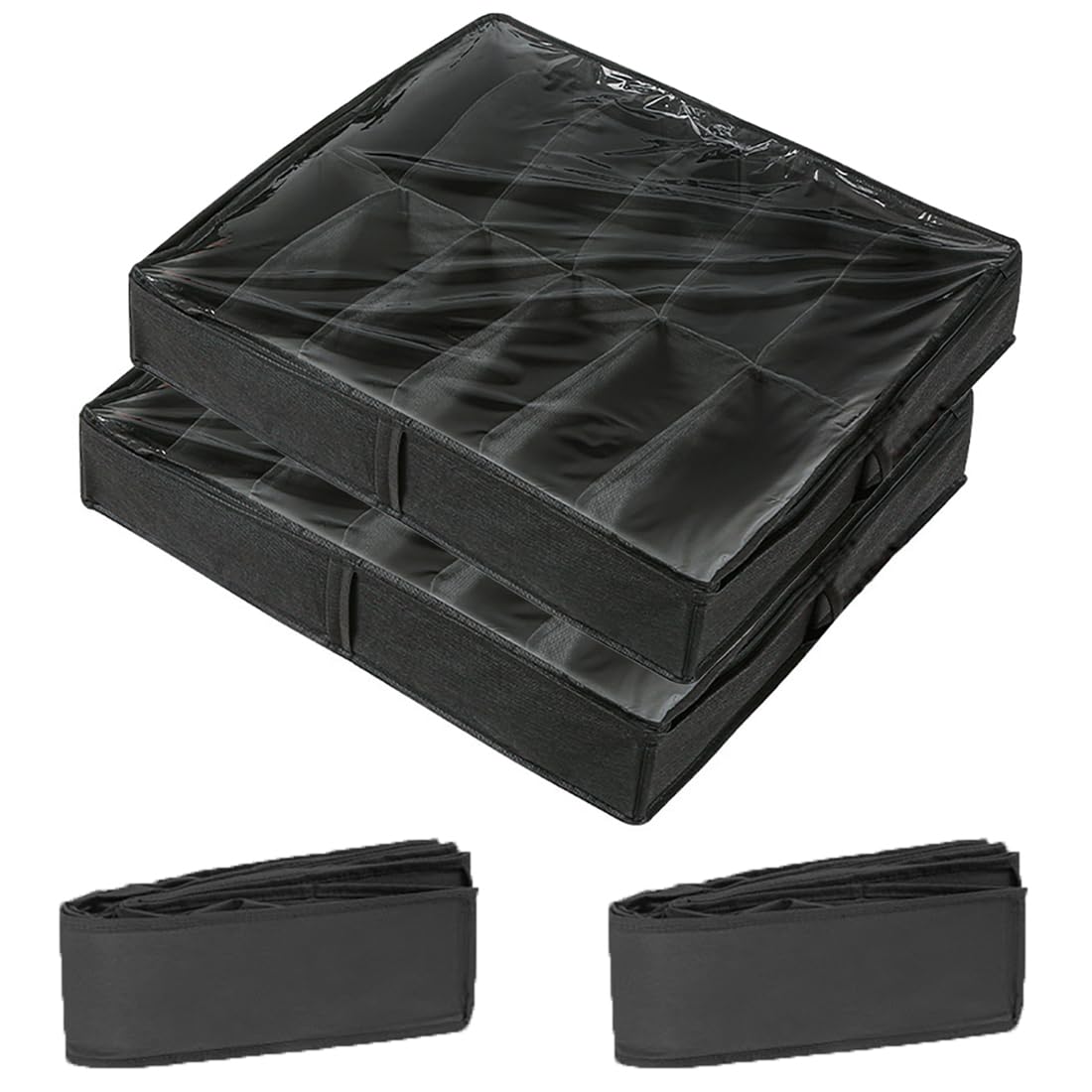 Under Bed Shoe Storage Organiser, Folding Under Bed Shoe Box with Transparent Lid Fits 12 Pairs Total - Underbed Storage Solution (2 Pcs Black)