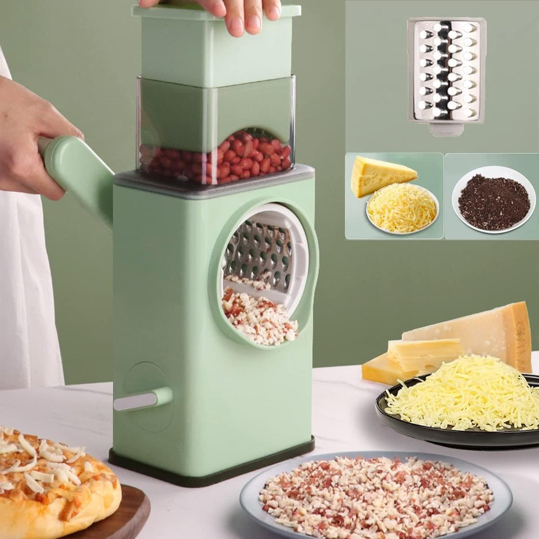 Large Cheese Grater 4 in 1 Multifunctional with Rotating Handle, 3 Detachable Stainless Steel Blades, Strong Suction Holder for Cheese, Vegetables, Nuts, Potatoes, Now in Al-Israa