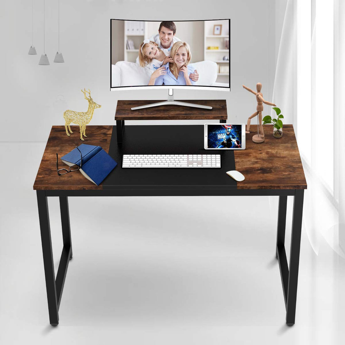 I Shaped Computer Desk 55" Splice Board Small Home Office Desk with Removable Monitor Stand Office Writing Table Study Desk PC Desk Gaming Desk, Black Brown