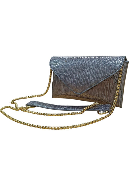 Shiny Small Soiree Bag, Dark Silver, Gold Chain Strap, Elegant Envelope Design