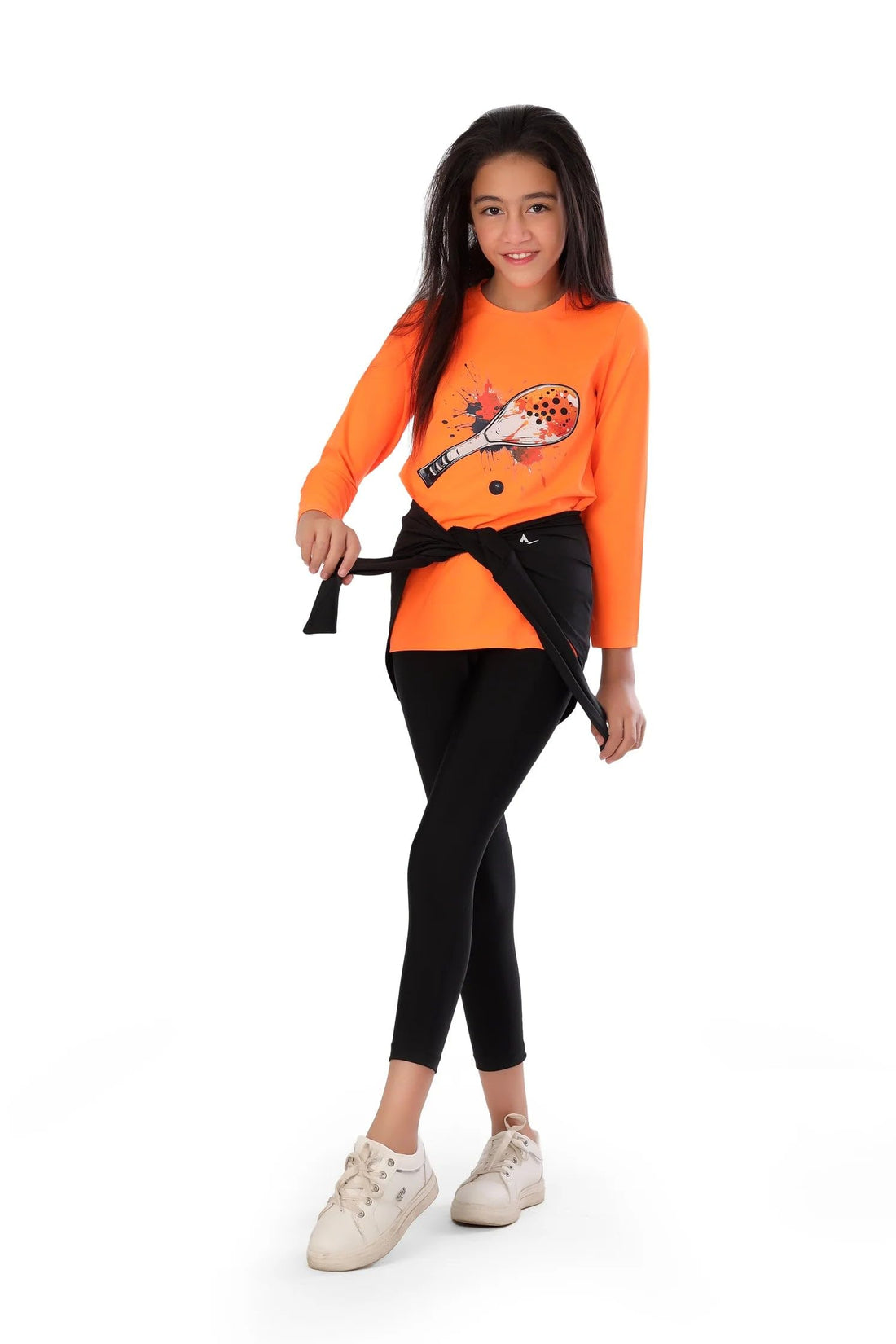 Girls Neon Orange Padel Racket Smash T-Shirt – Sporty Long Sleeve Top